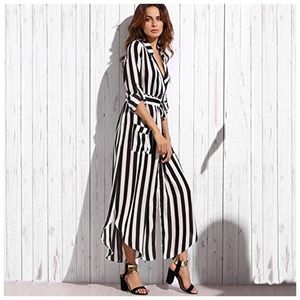 Black & white vertical stripe tie-waist maxi dress